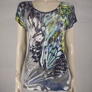 Alberto Makali blue black butterfly wing semi sheer knit top blouse Medium